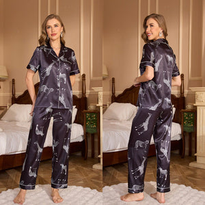 pajamas women's summer casual fashion short - sleeved trousers set printed lapel TZ3431 - Negative Apparel