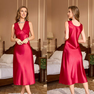 pajamas women's summer ice silk fashionable and comfortable solid color suspender long nightdress SQ22194 - Negative Apparel