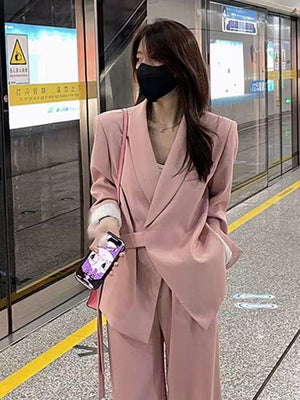 Pink high - end suit for women 2025 spring new design wide - leg pants two - piece suit - Negative Apparel