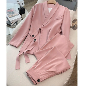 Pink high - end suit for women 2025 spring new design wide - leg pants two - piece suit - Negative Apparel