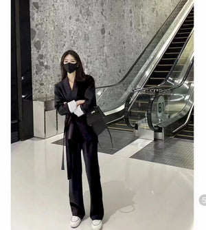 Pink high - end suit for women 2025 spring new design wide - leg pants two - piece suit - Negative Apparel