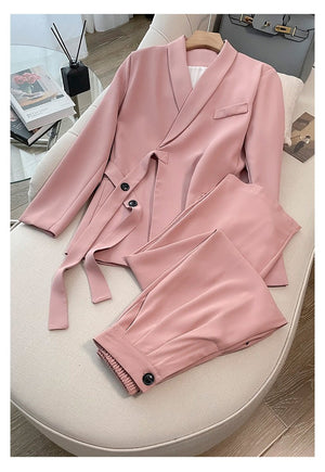 Pink high - end suit for women 2025 spring new design wide - leg pants two - piece suit - Negative Apparel