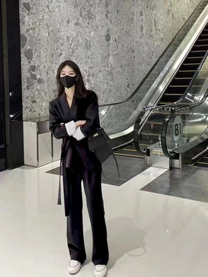 Pink high - end suit for women 2025 spring new design wide - leg pants two - piece suit - Negative Apparel