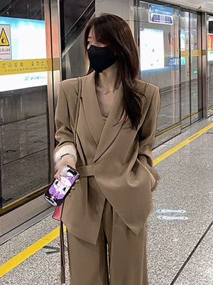 Pink high - end suit for women 2025 spring new design wide - leg pants two - piece suit - Negative Apparel