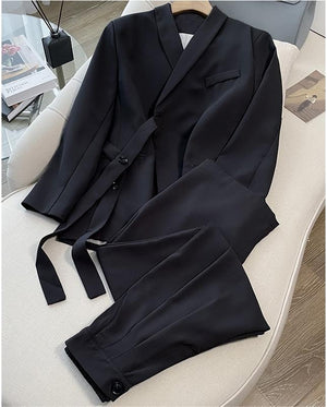 Pink high - end suit for women 2025 spring new design wide - leg pants two - piece suit - Negative Apparel