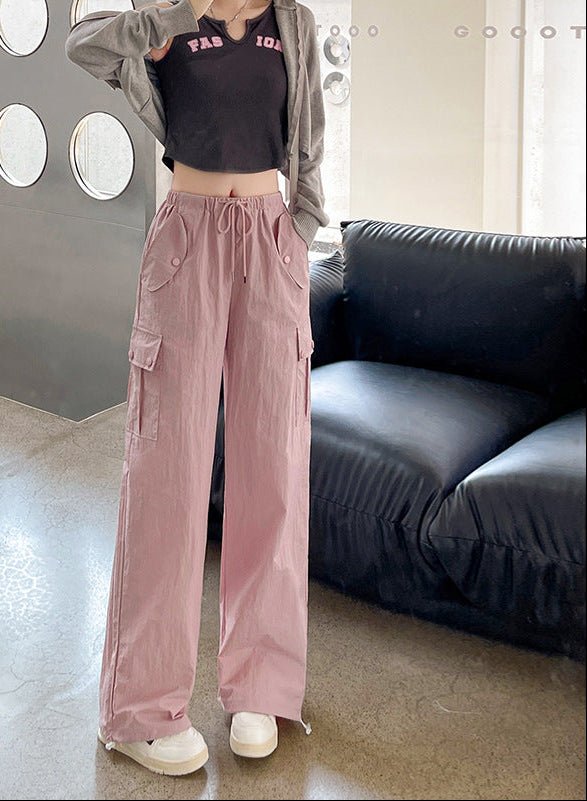 Pink overalls Spice girl pants women's spring new American straight casual wide - leg pants high - waisted quick - drying sweatpants - Negative Apparel