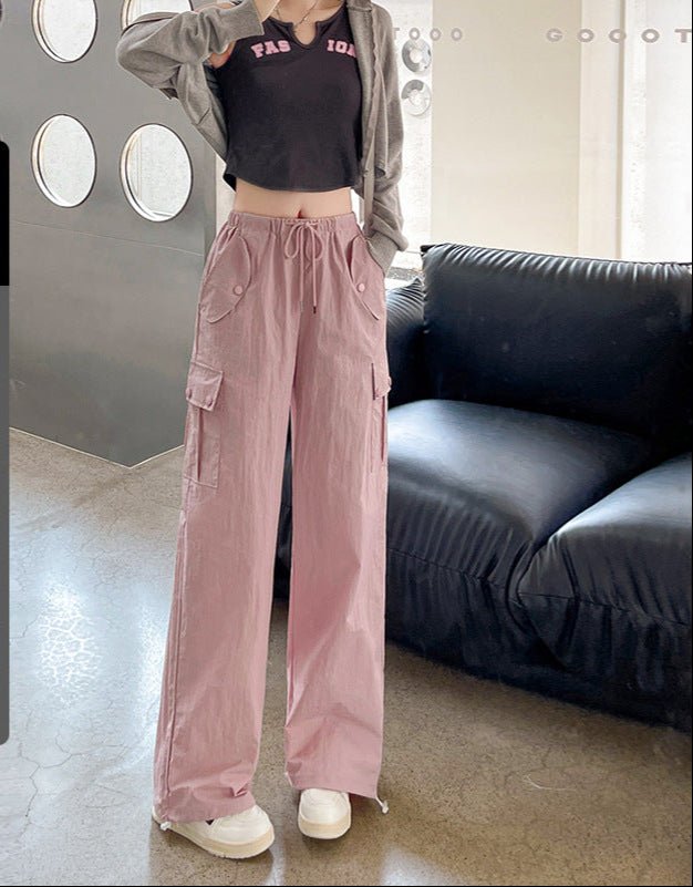Pink overalls Spice girl pants women's spring new American straight casual wide - leg pants high - waisted quick - drying sweatpants - Negative Apparel