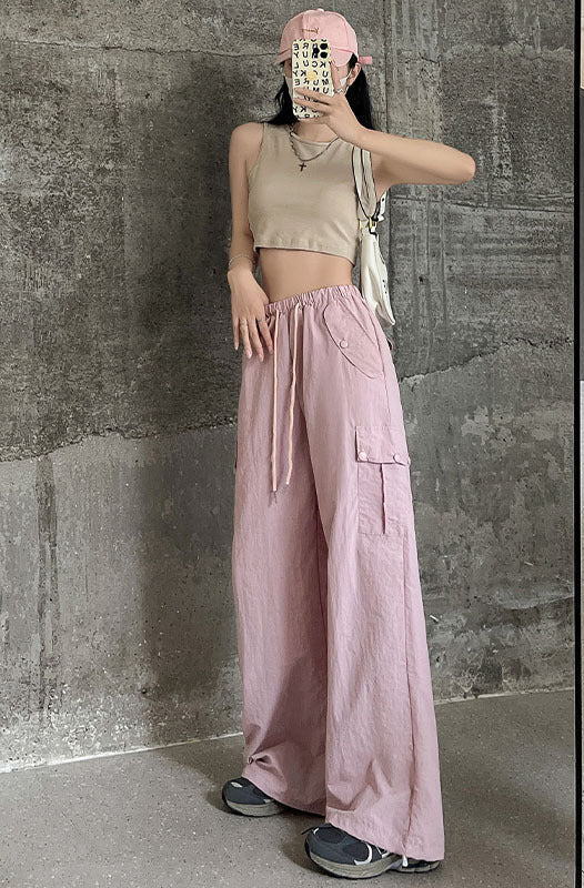 Pink overalls women's autumn new high - waisted wide - leg pants loose casual and thin Spice Girls quick - drying American sweatpants - Negative Apparel