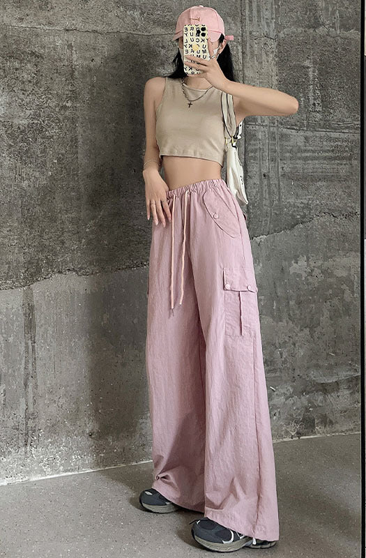 Pink overalls women's autumn new high - waisted wide - leg pants loose casual and thin Spice Girls quick - drying American sweatpants - Negative Apparel