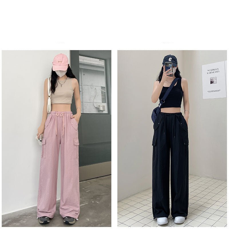 Pink overalls women's autumn new high - waisted wide - leg pants loose casual and thin Spice Girls quick - drying American sweatpants - Negative Apparel
