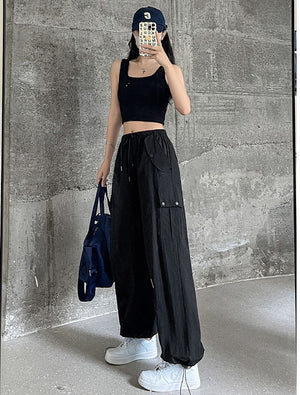 Pink overalls women's autumn new high - waisted wide - leg pants loose casual and thin Spice Girls quick - drying American sweatpants - Negative Apparel