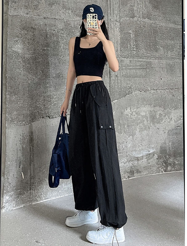 Pink overalls women's autumn new high - waisted wide - leg pants loose casual and thin Spice Girls quick - drying American sweatpants - Negative Apparel