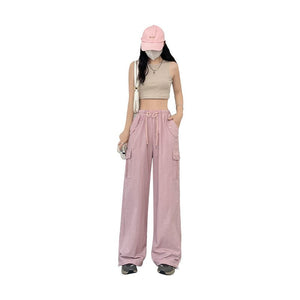Pink overalls women's autumn new high - waisted wide - leg pants loose casual and thin Spice Girls quick - drying American sweatpants - Negative Apparel