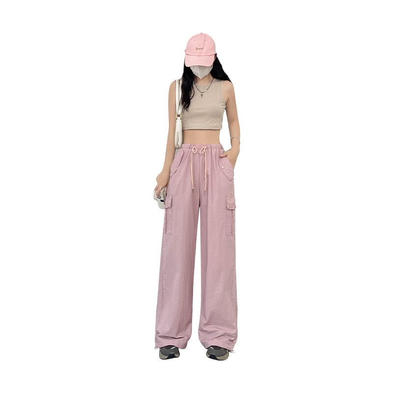 Pink overalls women's autumn new high - waisted wide - leg pants loose casual and thin Spice Girls quick - drying American sweatpants - Negative Apparel