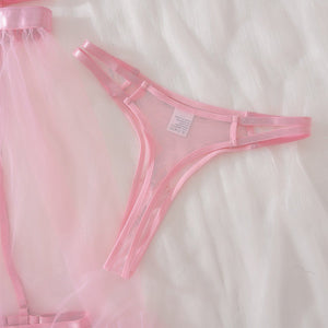 Pink perspective mesh suspender nightdress splicing pure desire style love erotic underwear set - Negative Apparel