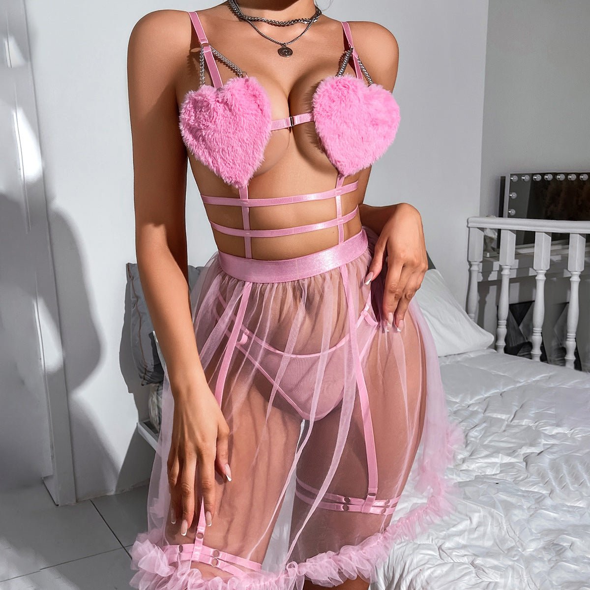 Pink perspective mesh suspender nightdress splicing pure desire style love erotic underwear set - Negative Apparel