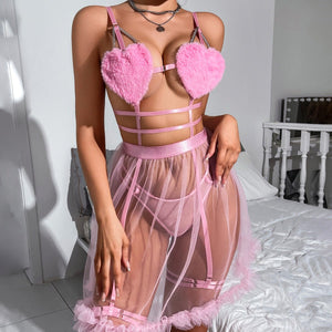 Pink perspective mesh suspender nightdress splicing pure desire style love erotic underwear set - Negative Apparel