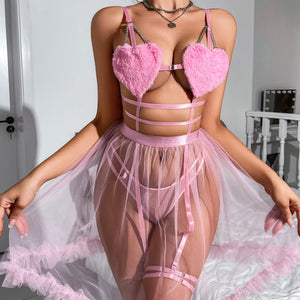 Pink perspective mesh suspender nightdress splicing pure desire style love erotic underwear set - Negative Apparel