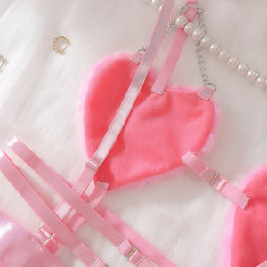 Pink perspective mesh suspender nightdress splicing pure desire style love erotic underwear set - Negative Apparel