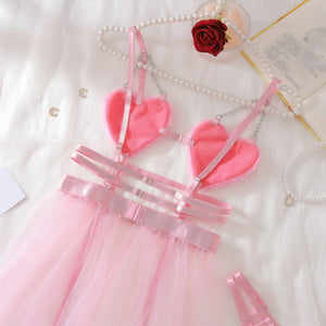 Pink perspective mesh suspender nightdress splicing pure desire style love erotic underwear set - Negative Apparel