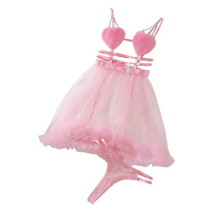 Pink perspective mesh suspender nightdress splicing pure desire style love erotic underwear set - Negative Apparel