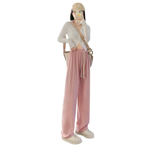 Pink wide - leg pants drooping pants women's summer casual high - waisted straight - leg pants small women's suit pants - Negative Apparel