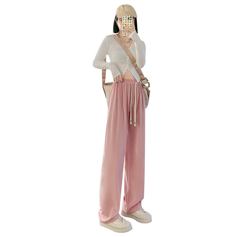 Pink wide - leg pants drooping pants women's summer casual high - waisted straight - leg pants small women's suit pants - Negative Apparel