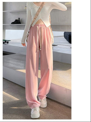 Pink wide - leg pants drooping pants women's summer casual high - waisted straight - leg pants small women's suit pants - Negative Apparel