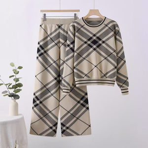 Plaid crew neck long - sleeved knitted top high waist and thin wide - leg pants - Negative Apparel