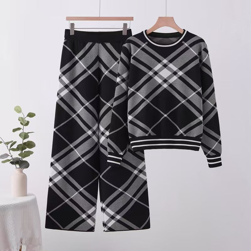 Plaid crew neck long - sleeved knitted top high waist and thin wide - leg pants - Negative Apparel