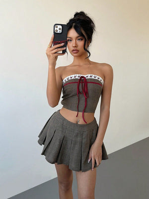 Plaid Lace Up Bandeau Crop Top + Ultra Low Waist Mini Pleated Skirt Set For Women - Negative Apparel