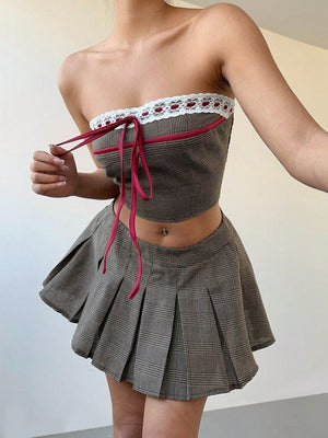 Plaid Lace Up Bandeau Crop Top + Ultra Low Waist Mini Pleated Skirt Set For Women - Negative Apparel