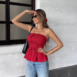 Pleated tube top ruffle edge bow short thin foreign red top women - Negative Apparel