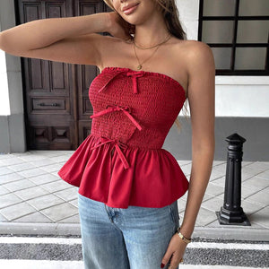 Pleated tube top ruffle edge bow short thin foreign red top women - Negative Apparel