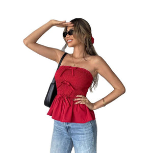 Pleated tube top ruffle edge bow short thin foreign red top women - Negative Apparel