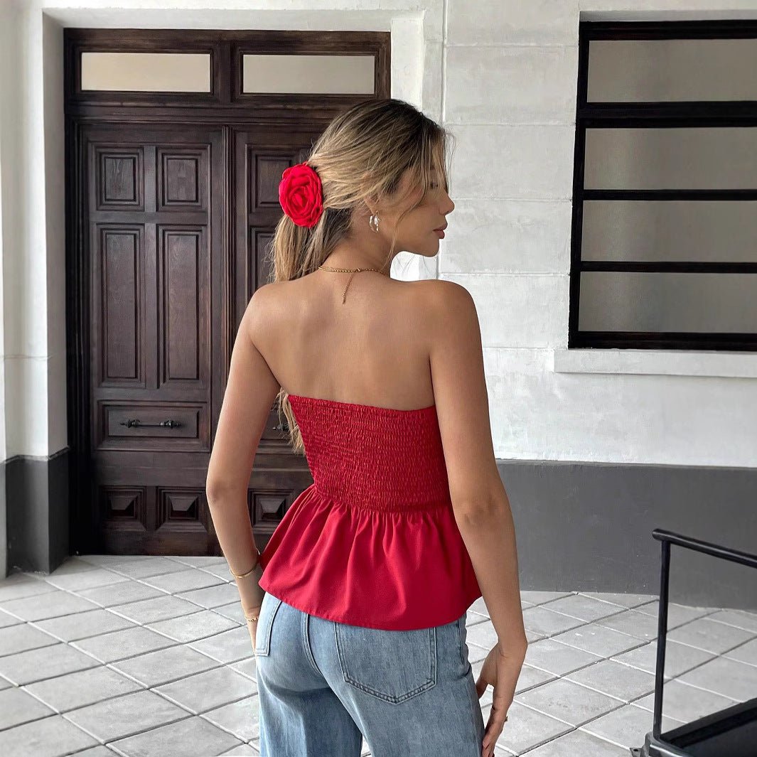 Pleated tube top ruffle edge bow short thin foreign red top women - Negative Apparel
