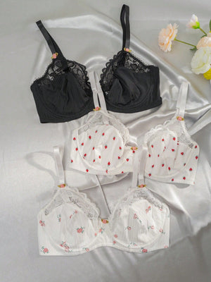 Plus 3pcs Contrast Lace Underwire Bra - Negative Apparel