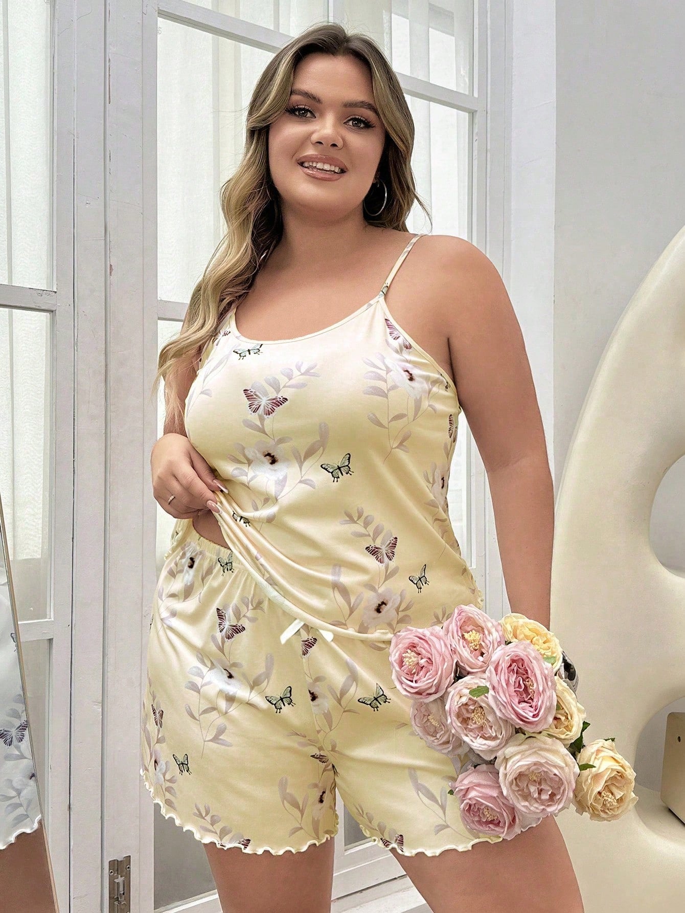 Plus Size Flower Butterfly Print Cami Pajama Set Negative Apparel