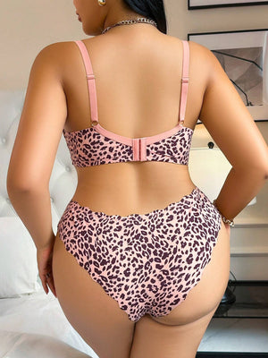 Plus Size Leopard Print Underwire Ruffled Edge Lingerie Bra & Panty Set, 2pcs/Pack - Negative Apparel