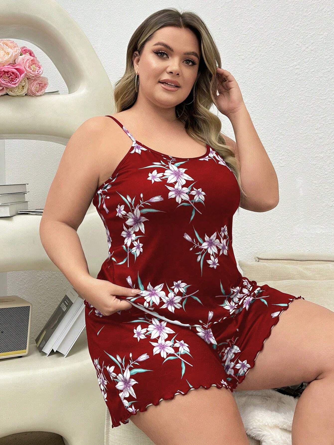 Plus Size Printed Spaghetti Strap Cami Pajama Set - Negative Apparel