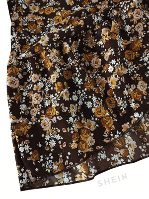 Plus Size V-neck Lotus Leaf Sleeve Long Sleeve Printed Dress - Negative Apparel