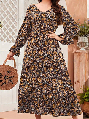 Plus Size V-neck Lotus Leaf Sleeve Long Sleeve Printed Dress - Negative Apparel