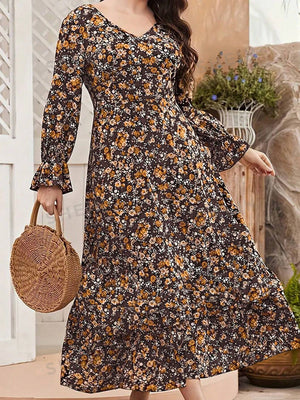 Plus Size V-neck Lotus Leaf Sleeve Long Sleeve Printed Dress - Negative Apparel