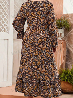 Plus Size V-neck Lotus Leaf Sleeve Long Sleeve Printed Dress - Negative Apparel