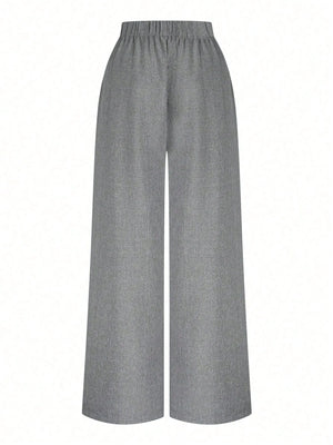 Plus Size Women Button Decorated Waist Crossed Front Seam Long Wide Leg Casual Pants - Negative Apparel