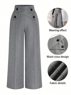 Plus Size Women Button Decorated Waist Crossed Front Seam Long Wide Leg Casual Pants - Negative Apparel