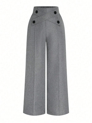 Plus Size Women Button Decorated Waist Crossed Front Seam Long Wide Leg Casual Pants - Negative Apparel