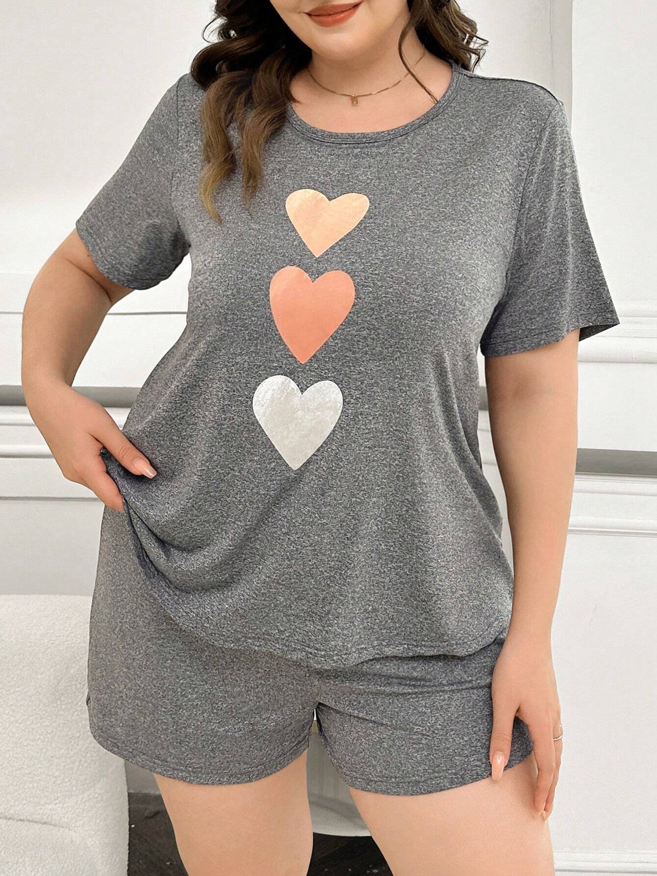 Plus Size Women Heart Print Crew Neck Short Sleeve T-Shirt And Shorts Pajama Set, Outfits - Negative Apparel