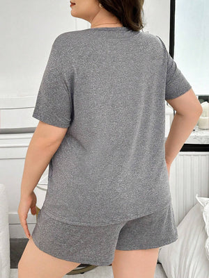Plus Size Women Heart Print Crew Neck Short Sleeve T-Shirt And Shorts Pajama Set, Outfits - Negative Apparel