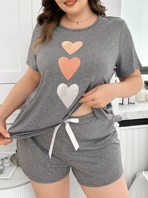 Plus Size Women Heart Print Crew Neck Short Sleeve T-Shirt And Shorts Pajama Set, Outfits - Negative Apparel